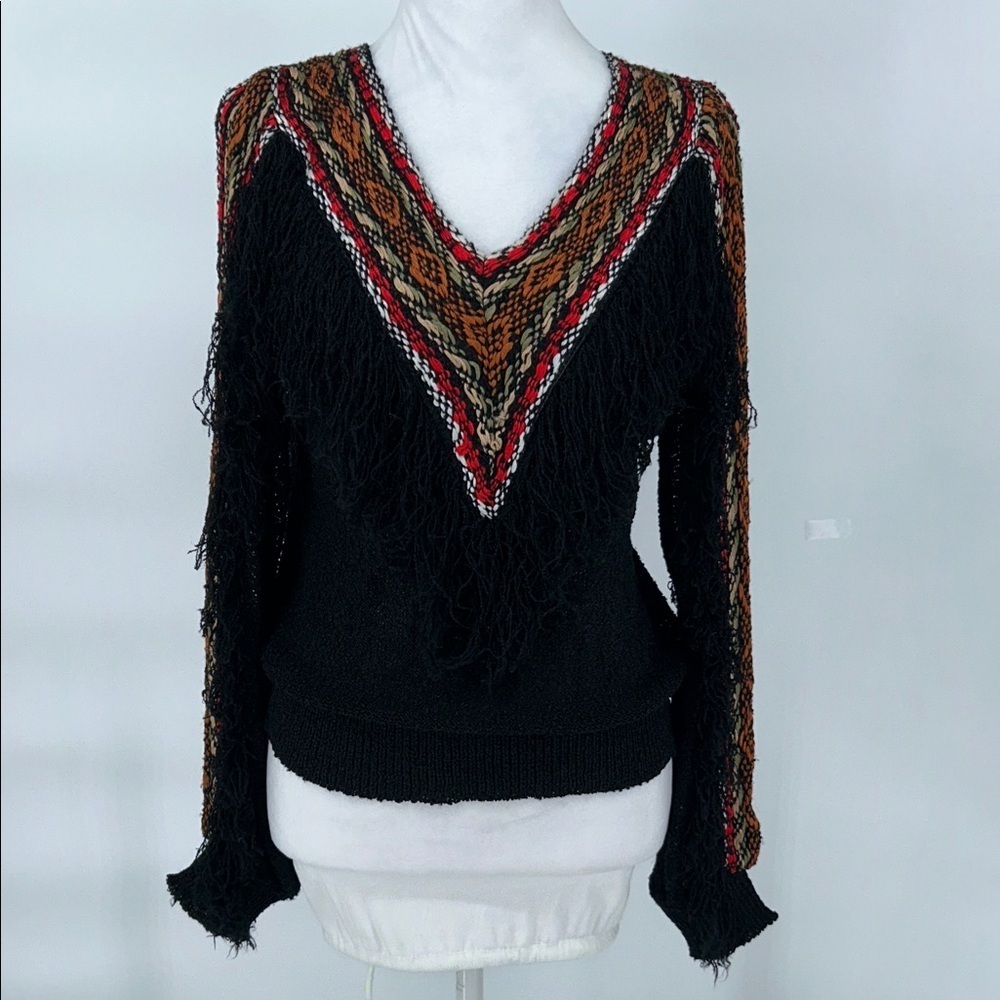 FRENCH RAGS NUBBY RAYON SWEATER SIZE SMALL FRINGE EMBROIDERED VINTAGE